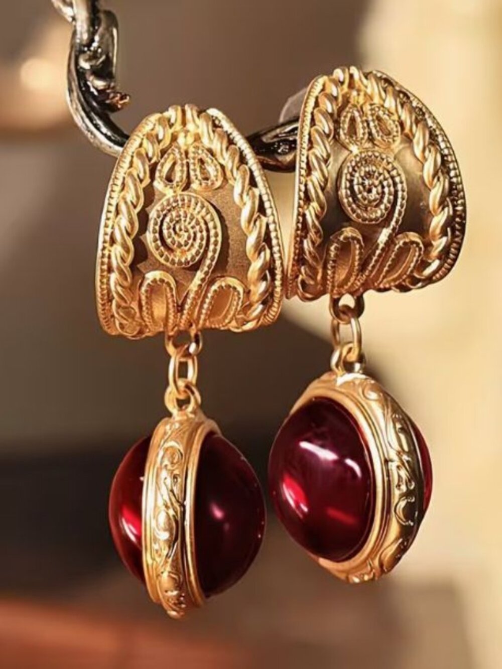 Vintage Court Style Gold Tone Dangle Earrings Deep Red Cabochon Ball Drop